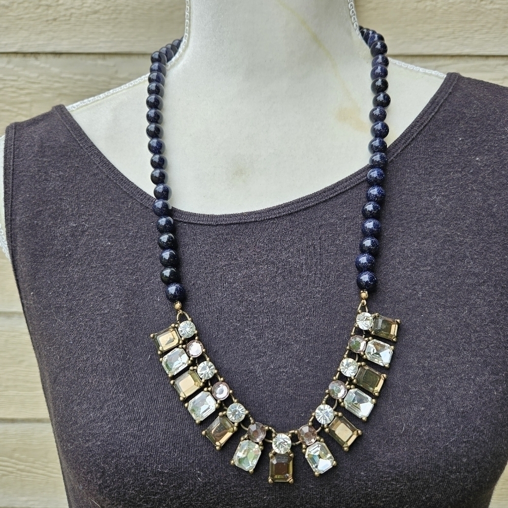 LOFT long rhinestone necklace with dark blue sparkly beads